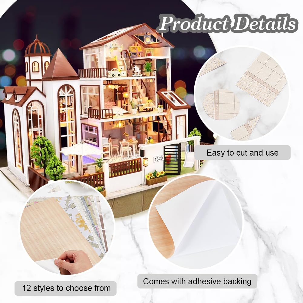 OLYCRAFT 12 Sheets, 12 Colors Dollhouse Wallpaper, Wall Stickers, Light Colors, Paper, Self-Adhesive, DIY Dollhouse Decoration, Craft, Home Decor,