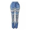 Fashion Broken Beading Chain Decorative Jeans Women's Button Elastic Denim Pants AmericanRetro Straight Leg Trousers Streetwear