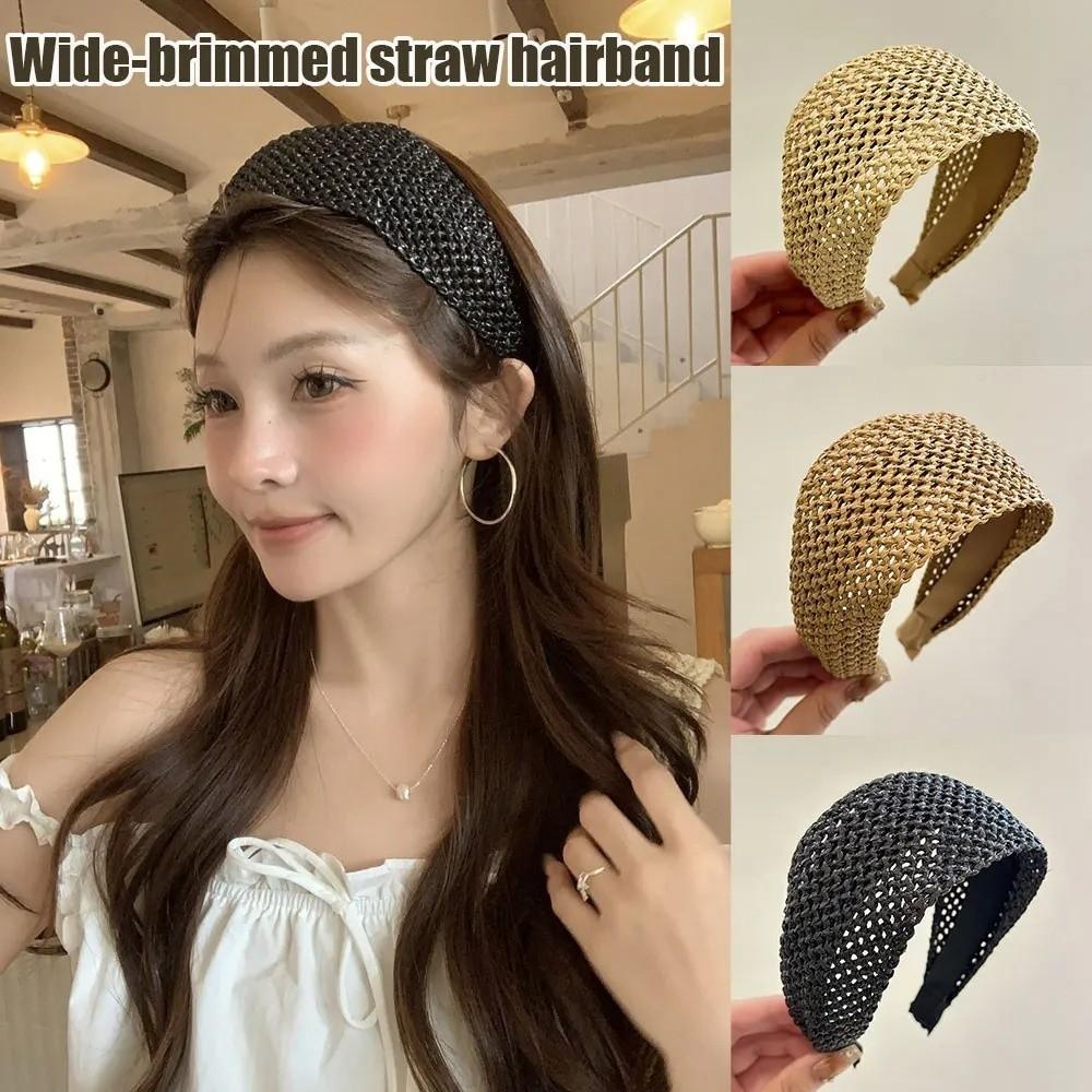 Elegantes Strohgeflecht-Stirnband Boho-Stil Breite Kante Haarreif Rattan-Geflecht Haarband für Damen