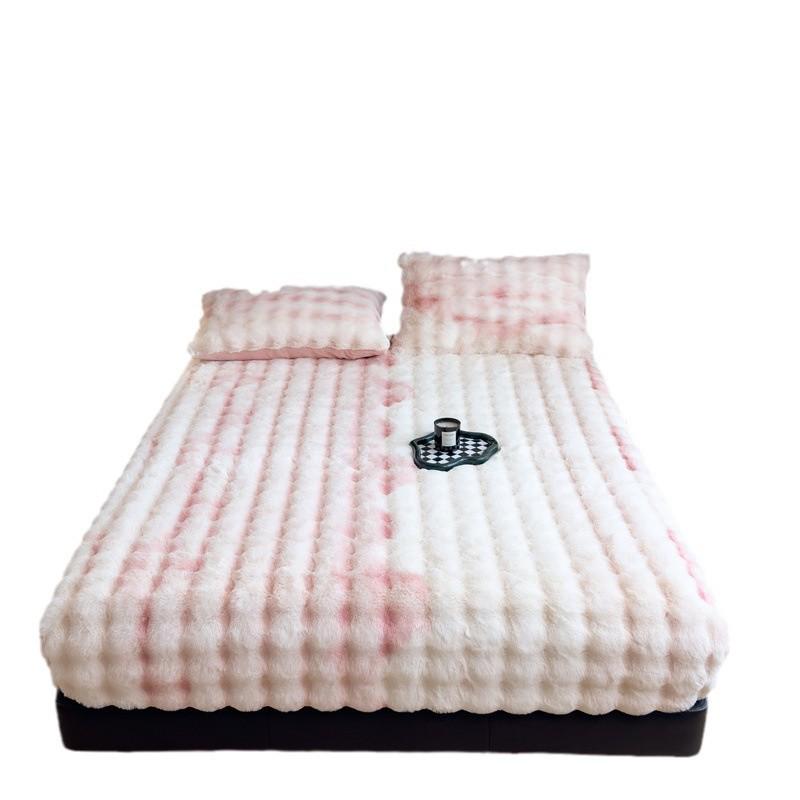 Plush Fleece-Lined Rabbit Fur Fitted Sheet Set - Double Bed, Winter Warmth, 3-Piece Mattress Protector