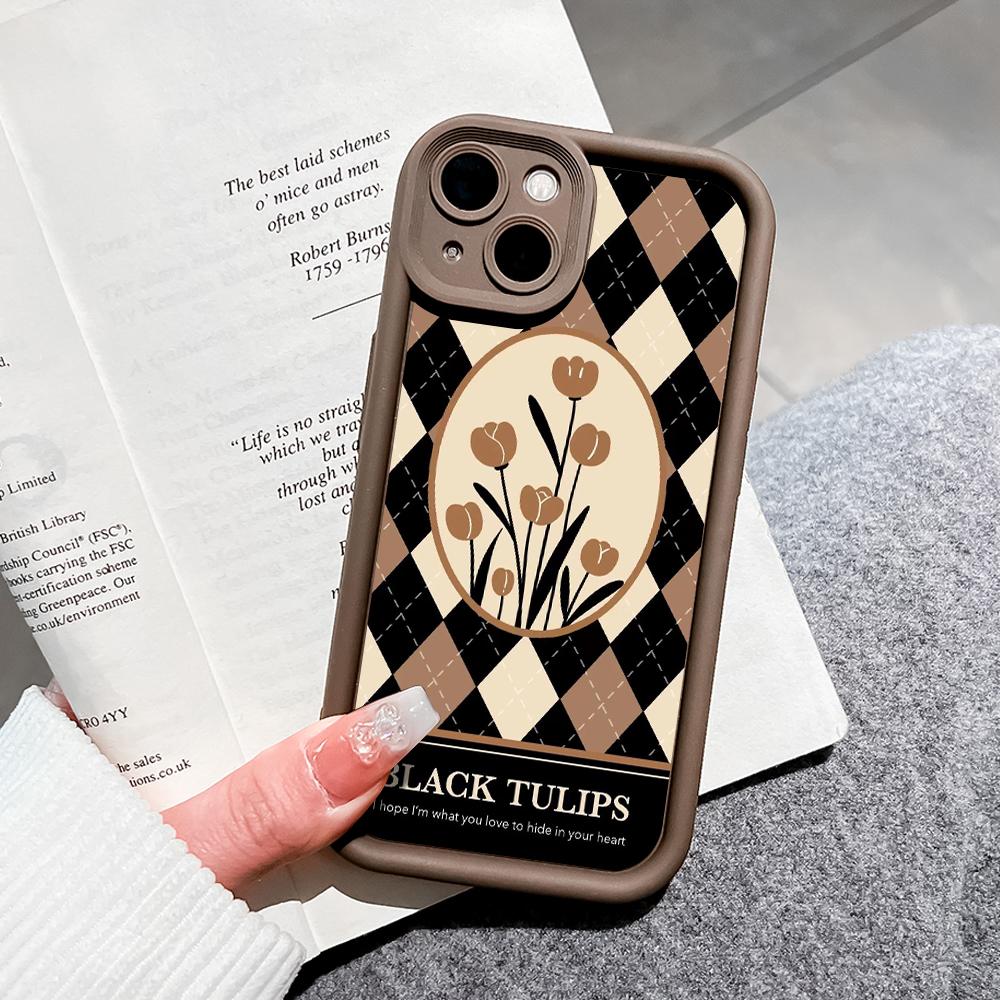 For iPhone 16 15 14 13 12 11 Pro Max XS Max XR X SE 8 7 Soft Silicone Vintage Tulips Lozenge Shape Pattern Full Lens Protect Phone Case Cover