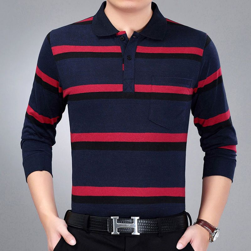 Moda Hombre Nuevo Negocios Camisas Polo Rayadas Coreano Primavera Otoño Casual Manga Larga Solapa Bolsillos Ropa Masculina Algodón Tops 2025