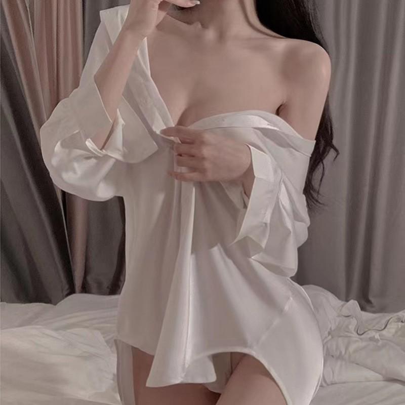

Fun Silky Satin Fun Shirt Pure Desire Atmosphere Sexy Boyfriend Shirt Passion Home Nightdress Summer One size fits all белый