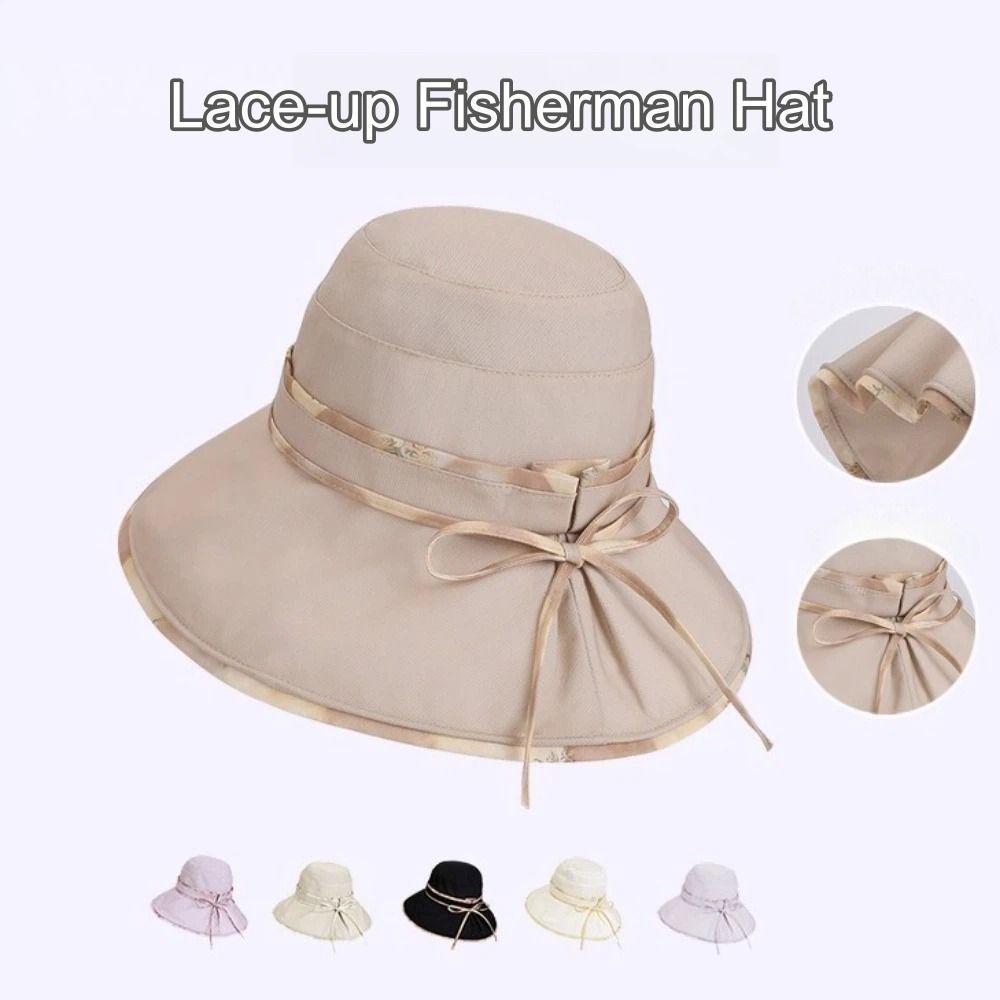 Bowknot Decor Fisherman Hat Lace-up Design Sunshade Hat New Girls Basin Caps  Beach Activities