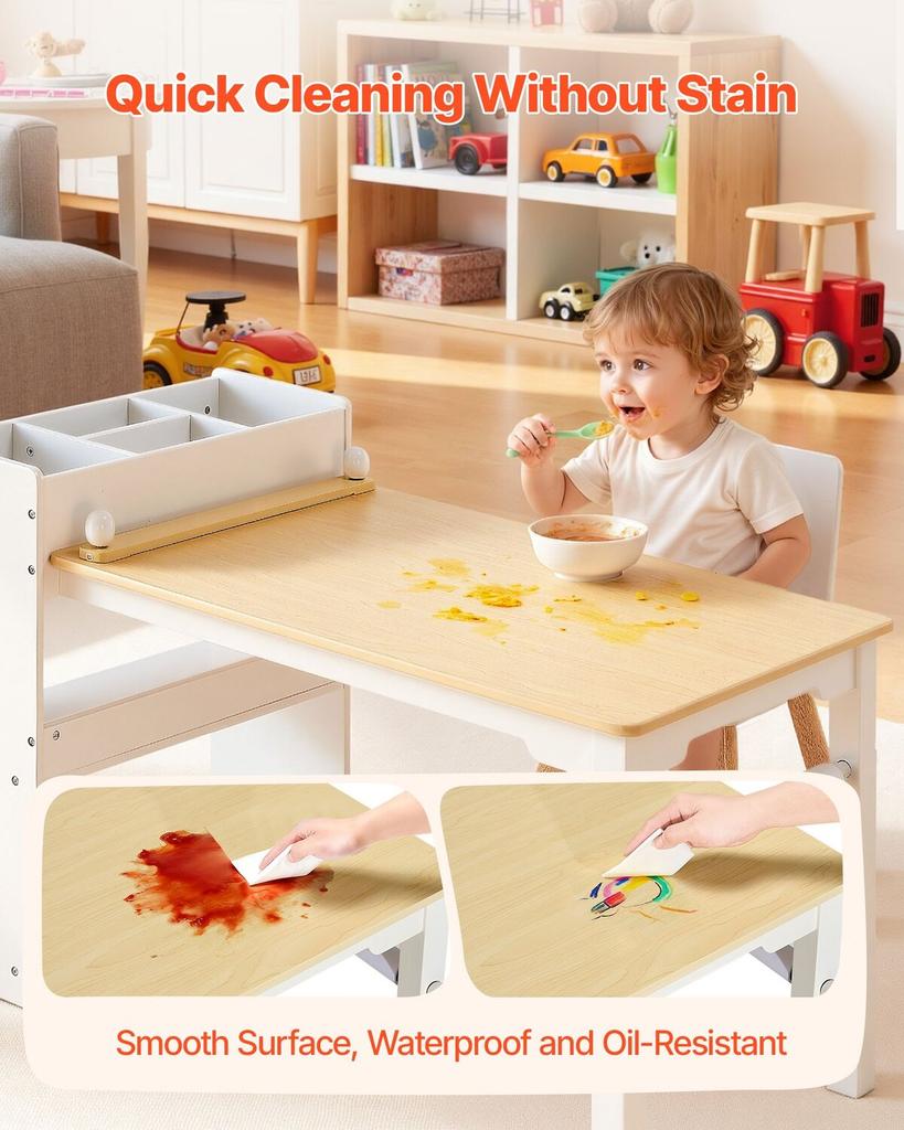 Kids Art Table and Chair Set, Toddler Craft Table with 3 Tiers Storage Cabinet, Wooden Kids Activity Play Desk with 2 Chairs, Art Craft Play Desk for