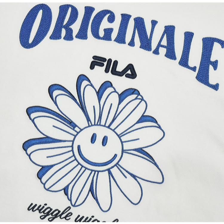 FILA Logo Smiley Face Flower Embroidery Casual Round Neck Short Sleeve T-Shirt Women T-Shirt Cloud-White F11W429106F-ET
