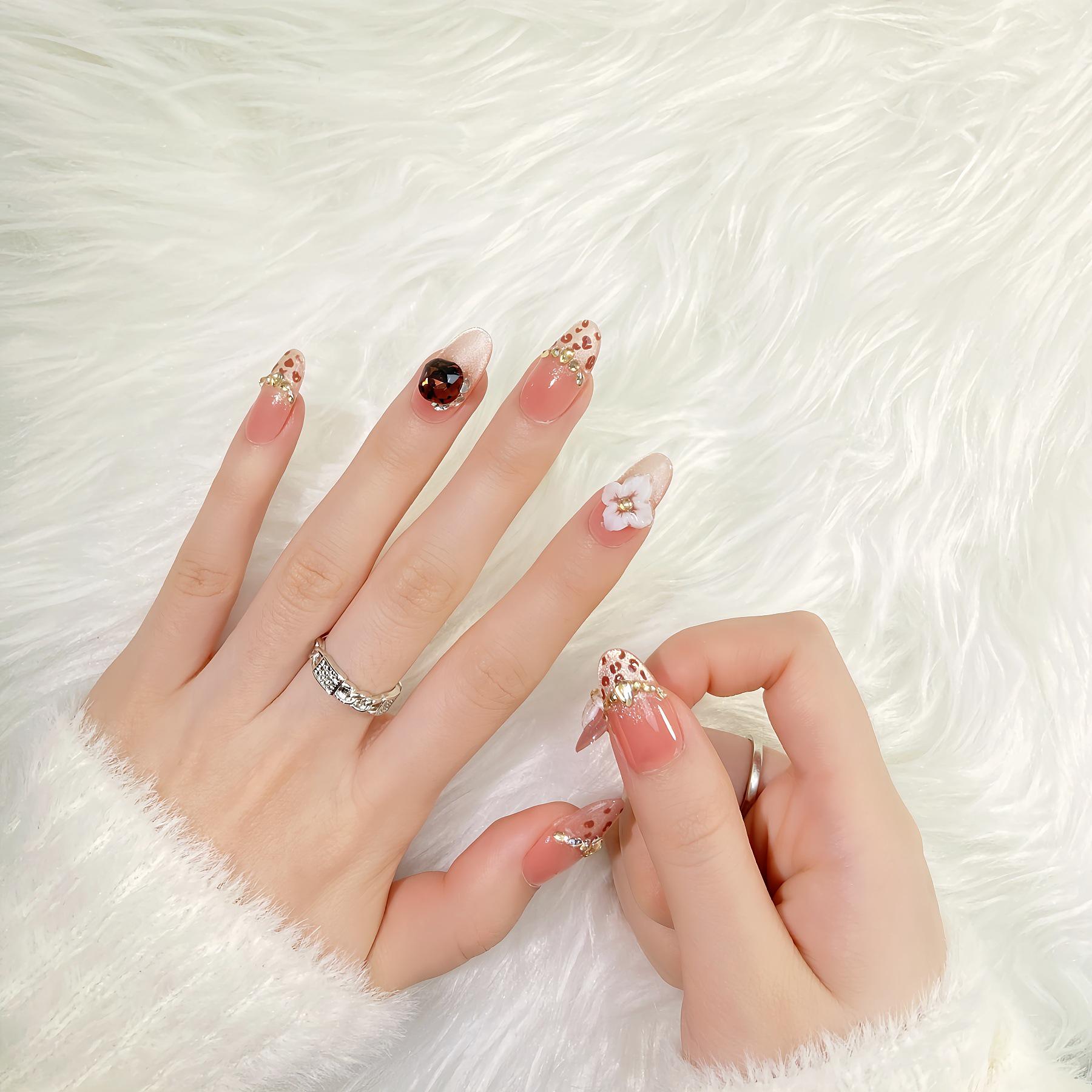 Handmade Leopard Print Press-On Nails: Nude Pink with Gold Foil, 3D Flowers, Rhinestones, Fairy Style Nail Art.