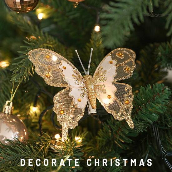 3 ks Třpytivé flitrové ozdoby motýlů Umělý motýl Vánoční dekorace s klipy na vánoční stromek Věnec Sváteční dekorace