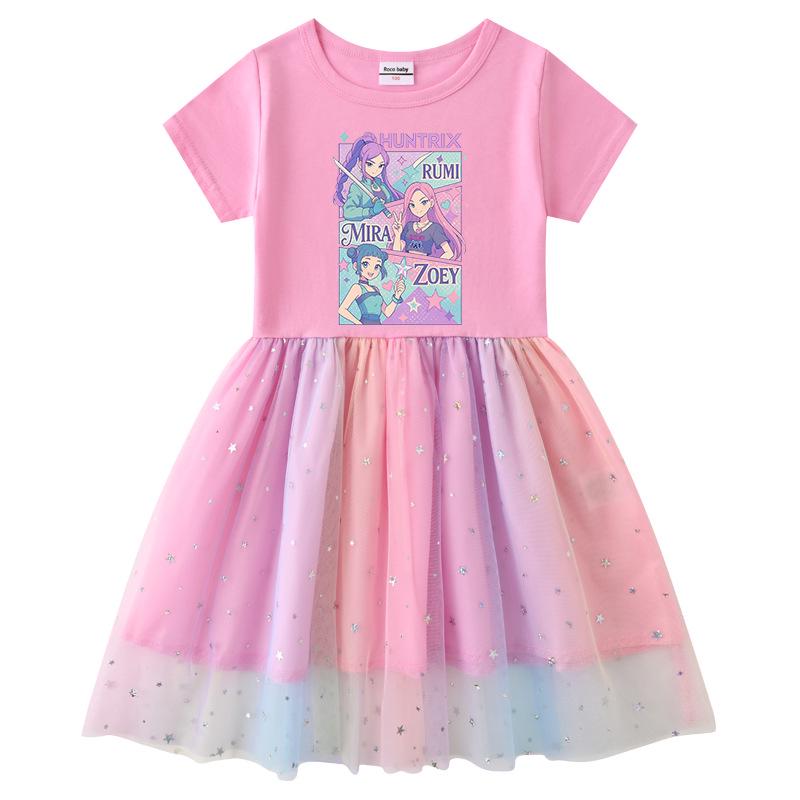 Korean Style Kpop Demon Slayer Mesh Princess Dress for Girls - Short/Long Sleeve Options