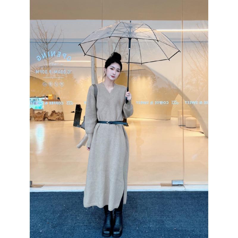 Light and Mature Style V-neck Knitted Dress Autumn New High-end Temperament Loose Split-ended Long Dress Women