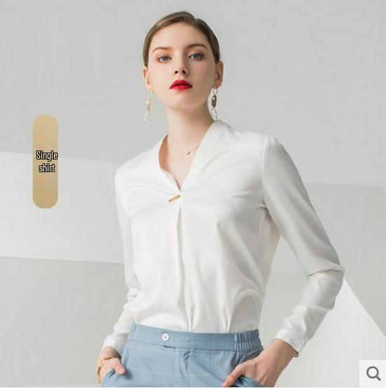 Elegant V-neck Long-Sleeve White Shirt for Women - Chic and Professional Style