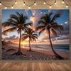 2D Aesthetic Palm Tree Tapestry, Tropical Beach Sunset Wall Art