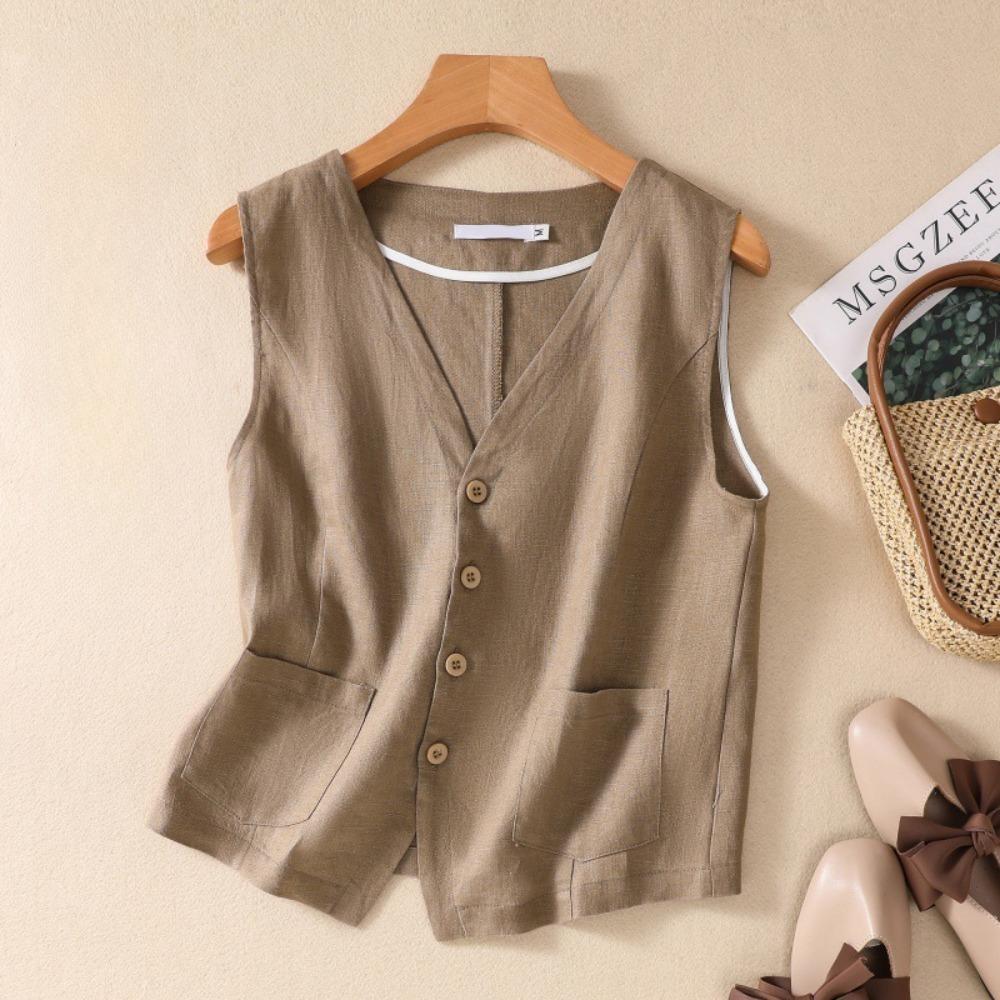 Gilet da Donna con Scollo a V Senza Maniche Vestibilità Rilassata Gilet Vintage Monocolore in Misto Lino Capo Esterno Casual