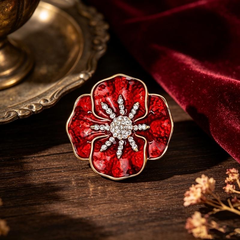 Flower Brooch Pin with Red Enamel-Style Floral Design and Clear Stone Center, Alloy Lapel Accessory for Coats, Scarves, Bags and Commemorative Wear
