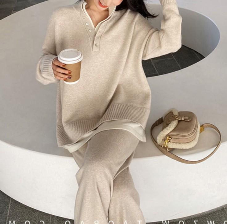2025 Autumn Fashion: Women's Knit Sweater & Wide-Leg Pants Set for Plus Size