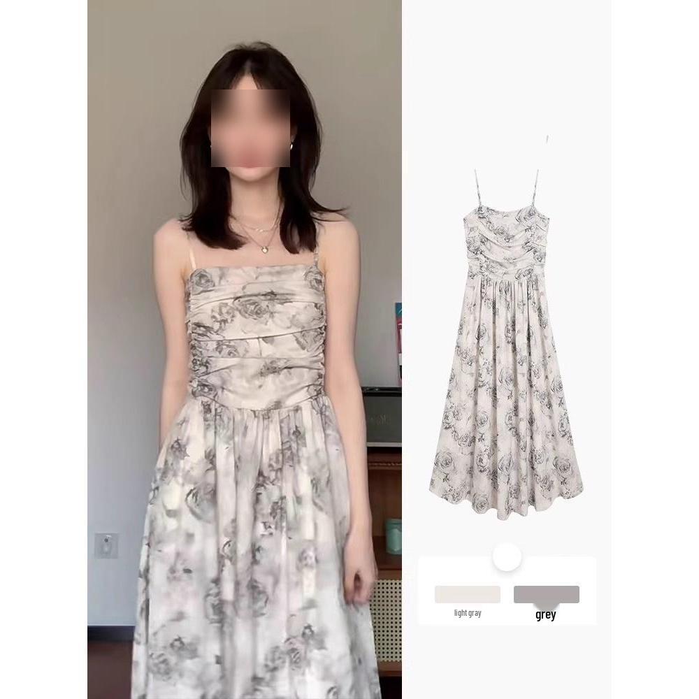 

Elegant Rose Print Slip Dress: Women s Summer Fashion, Stylish Two-Wear Design, High-End and Versatile Long Dress S (for up to 45 kg)