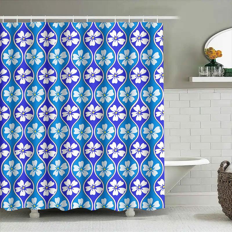 Blue and White Flower Pattern Shower Curtain Waterproof Bathroom Decor Modern Print 3D Fabric Bath Mat Rug Non-slip Microfiber T