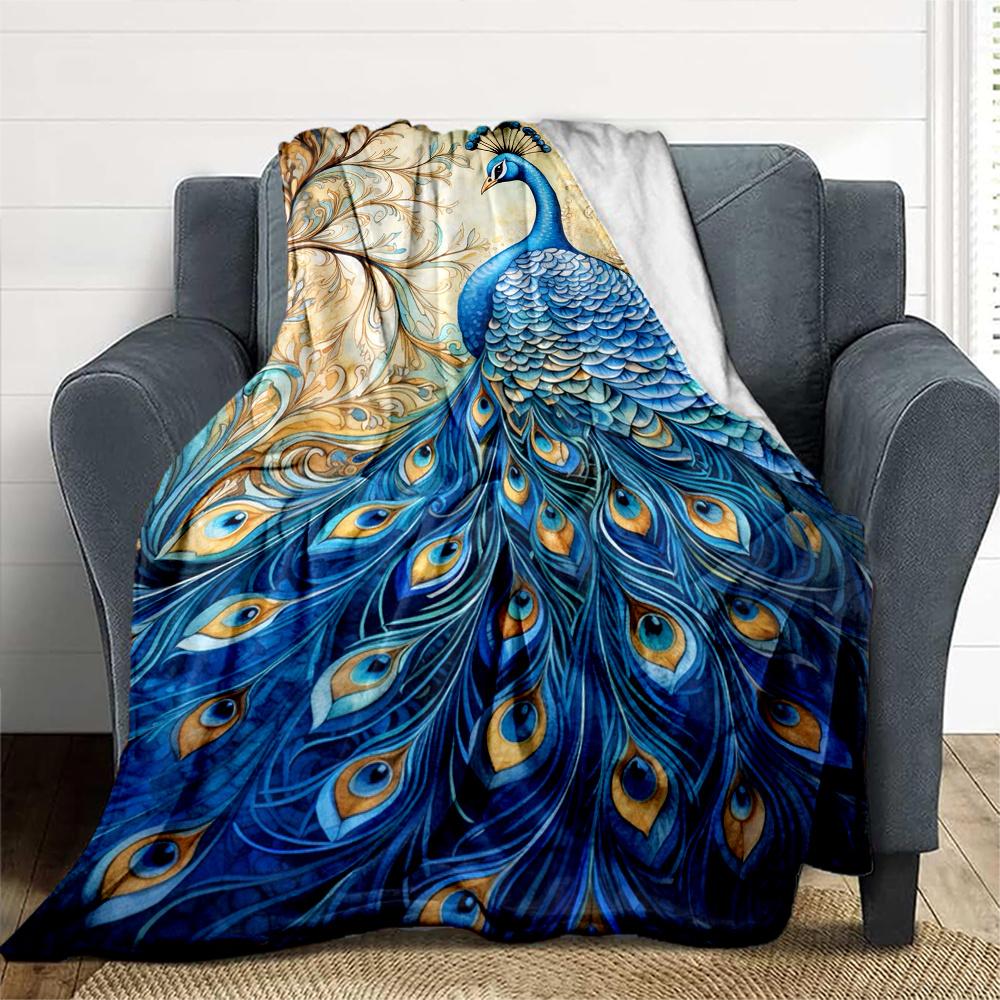 1pc Peacock Feathers Flannel Blanket, Comfortable and Warm Blanket, for Camping Sofa Bed and Couch Office026