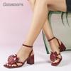 Burgundy Heels for Ladies Elegant Flower Sandals Ankle Straps Square Toe Fashion Women's Footwear Party Dress Shoes for Women