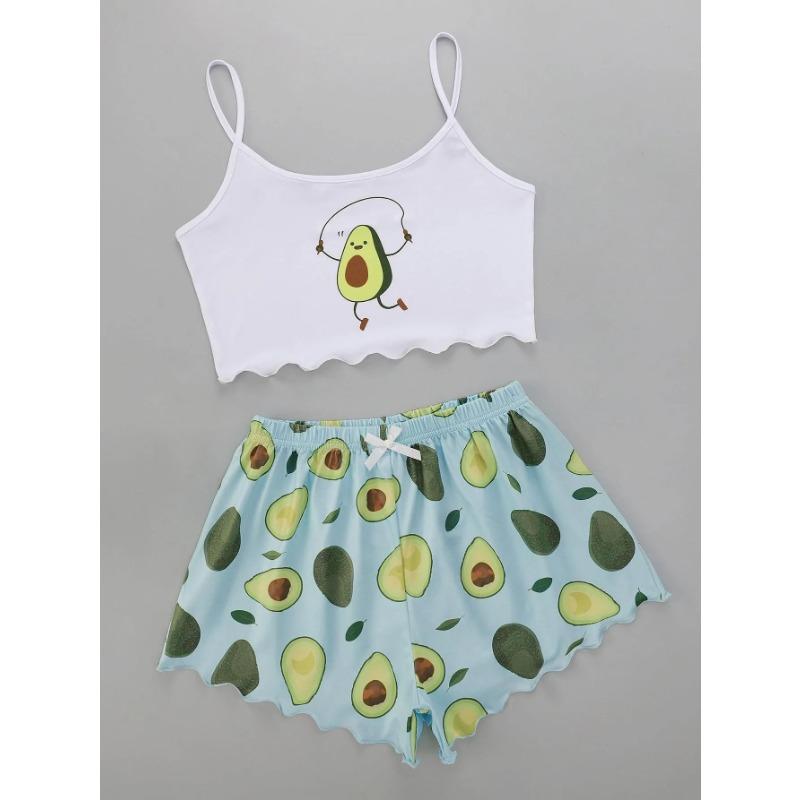 Letní pyžamový set pro ženy Avokádový potisk Tílko se šortkami Ležérní Sexy prádlo Noční košilka Domácí oblečení Spací oděv Spodní prádlo