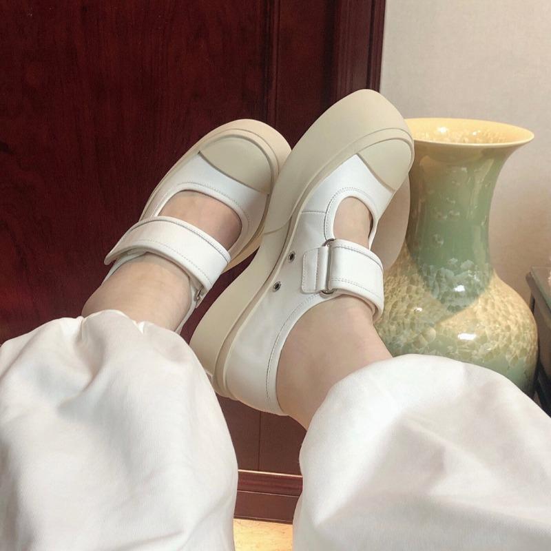 Sheepskin version~ Leather Velcro platform muffin shoes ugly cute little white shoes female Mary Jane casual big head shoes board shoes