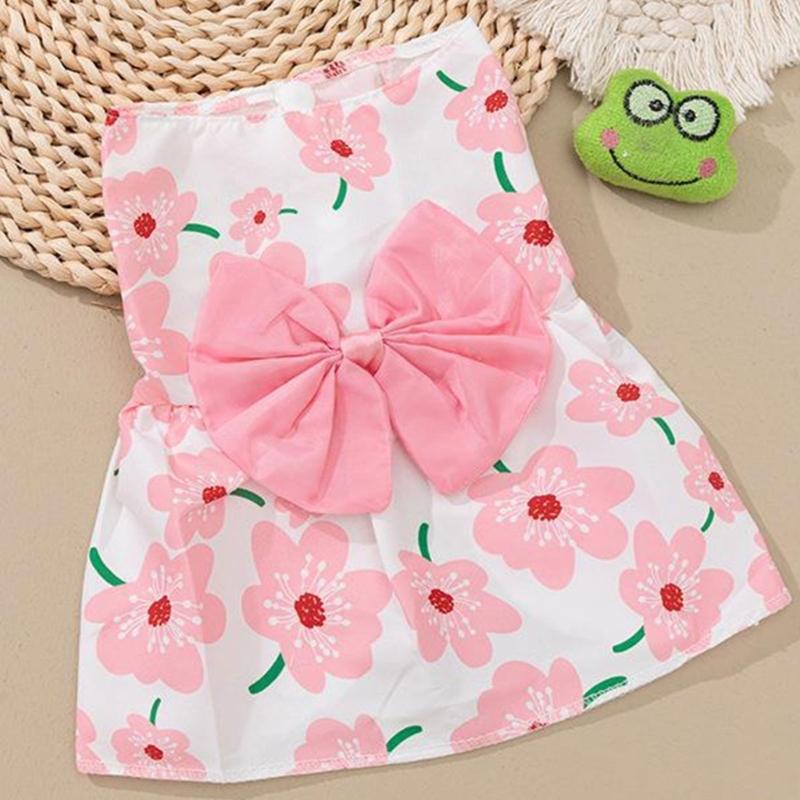 Spring Summer Pet Flower Print Skirt with Bowknot Decors Outdoor Walking Dogs Rabbit Universal Dress Lightweight