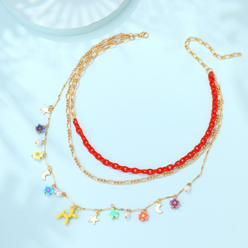 Contemporary Geometric Dog Pendant Necklace Featuring Colorful Soft Clay Flowers