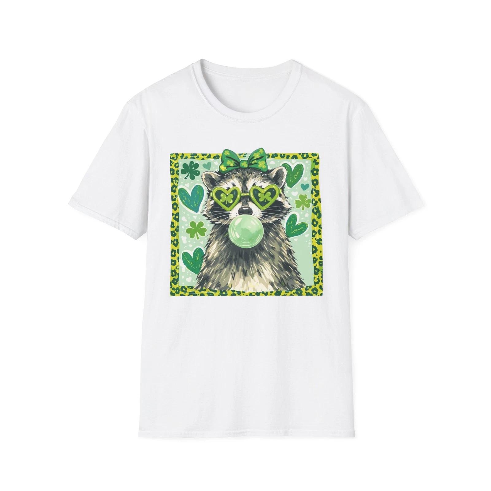 Womens Raccoon with Heart Sunglasses Bubble Gum T-Shirt St. Patrick s Day 3XL