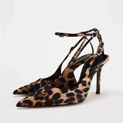 Fashion Leopard High Heeled Women Sandals Pointed Toe Shallow Buckle Sexy Shoes Fashion Pumps 2025 Summer Slingback Sandalias De Mujer