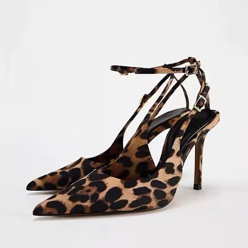 Leopard High Heeled Women Sandals Pointed Toe Shallow Buckle Sexy Shoes Fashion Pumps 2025 Summer Slingback Sandalias De Mujer