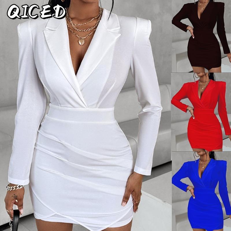 IHUASU Women's Fashion Autumn Winter Solid Color Print Long Sleeve POLO Neck Casual Dresses