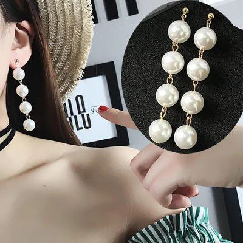 New Personality Wild Simple Temperament Earrings Exaggerated Large Pearl Tassel Long Earrings Beaded Prevent Allergy Earrings
