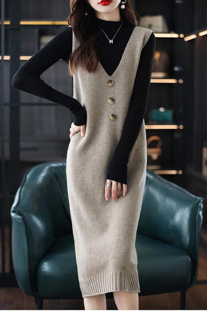 Knit Vest Long Sleeveless Long Perfect for Commuting [Grcemlvfe] Women's Dress, Autumn/Winter Dress, Dress, Pleated, Warm, Figure-Flattering, Cute,