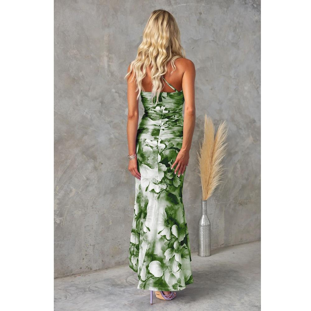 Women Summer Slash Neck Long Dresses Ladies Fashion Floral Printing Ruffle Hem Pleated Bodycon Party Maxi Dress