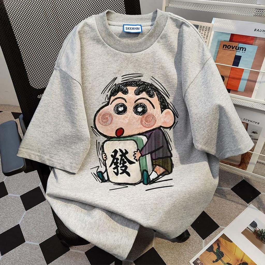 Summer loose short-sleeve T-shirt for women, pure cotton cute American style Crayon Shin-chan cartoon print base shirt