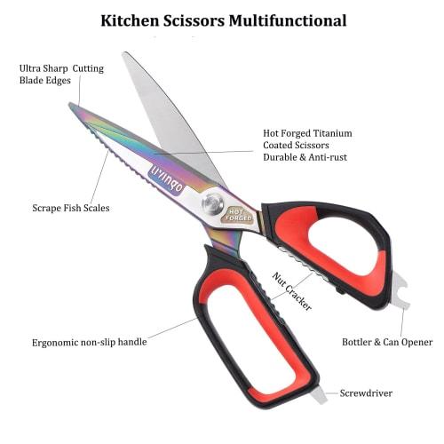 LIVINGO Heavy-Duty Kitchen Scissors, Large, Sharp Stainless Steel with Titanium Coating, Hot-Forged Cutting Blades, Rubber Soft Grip, Nut Cracker, Bot
