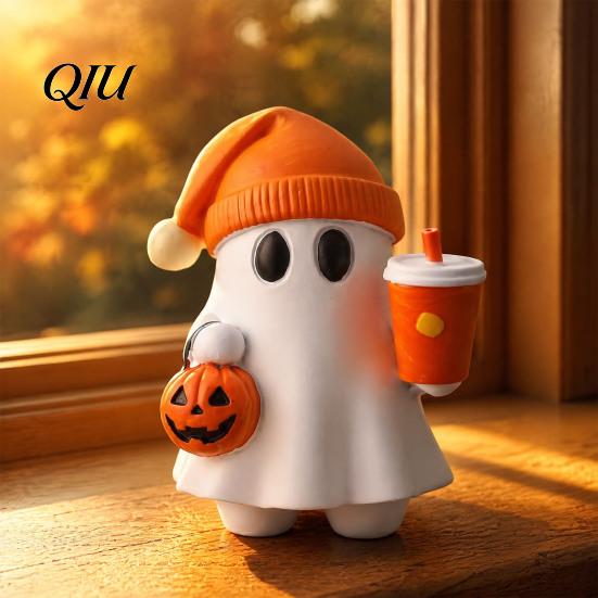 Mini Ghost Figurine Halloween Figurine, Cute Reading Statue, Ornament with Small Mantel Decor Pumpkin Bucket, Skeleton Puppy Tabletop for Home