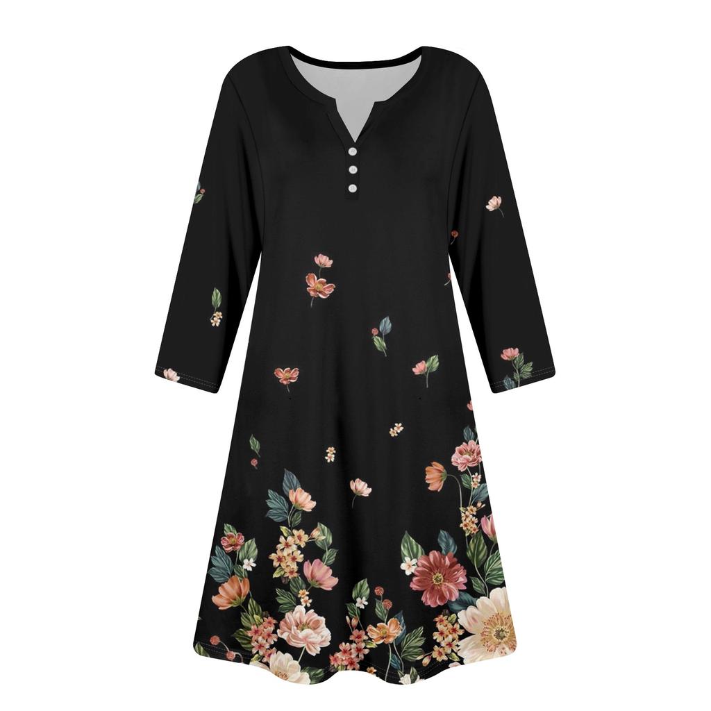Women's Summer Dress Loose V Neck Three-quarter Sleeve Sundress With Pockets Dress