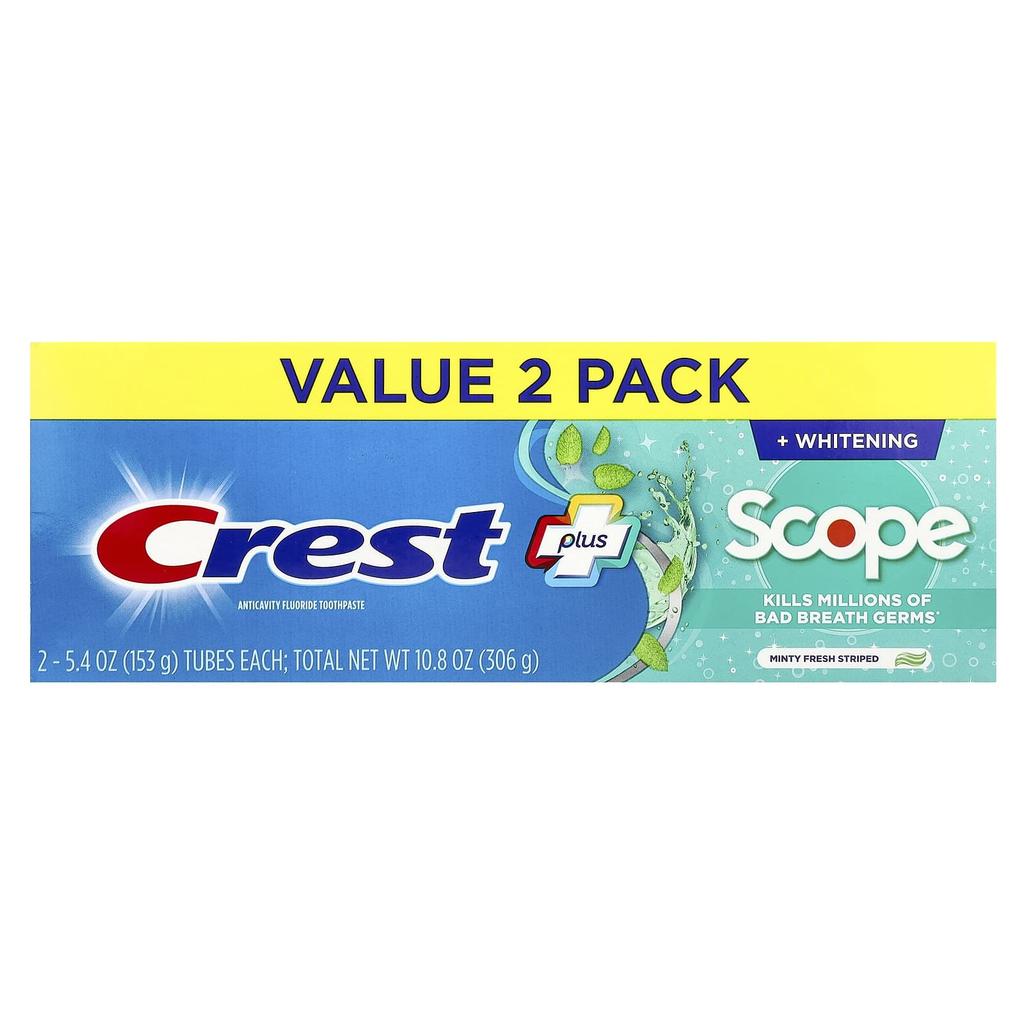 Crest, Plus Scope, Anti-cavity Fluoride Toothpaste, Minty Fresh Stripe, 2 Packs, 153 G (5.4 Oz) Each
