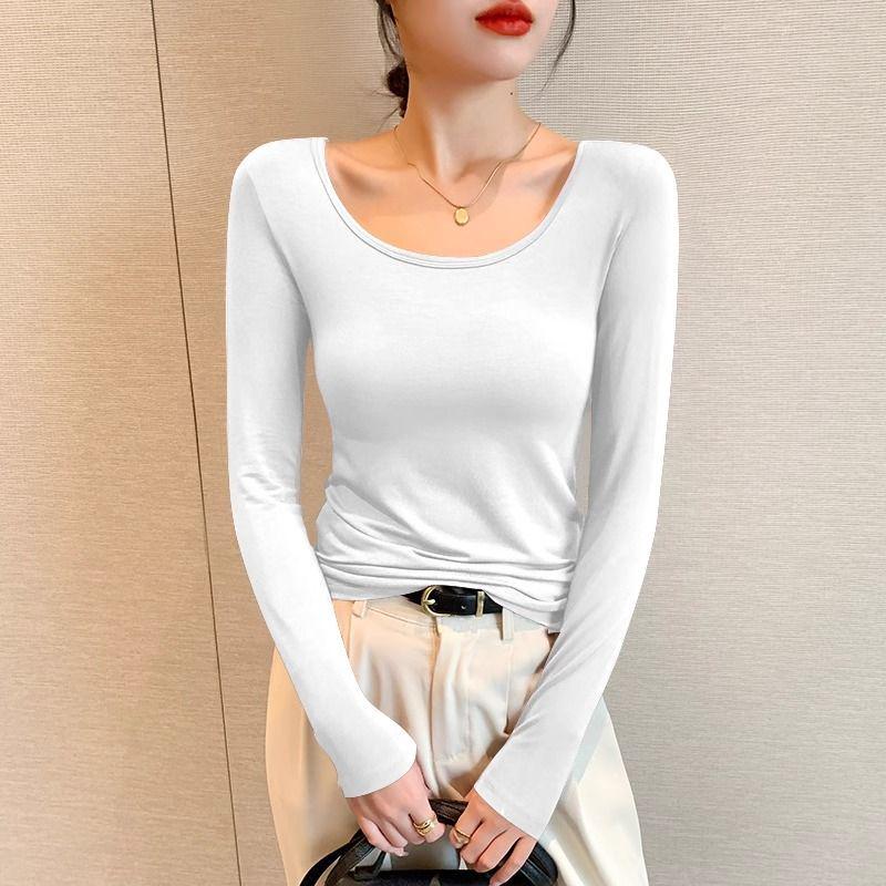 Women's Black Modal Crew Neck Long Sleeve Base Layer Top - Slim Fit, Low Neck Design for 2025 Autumn/Winter