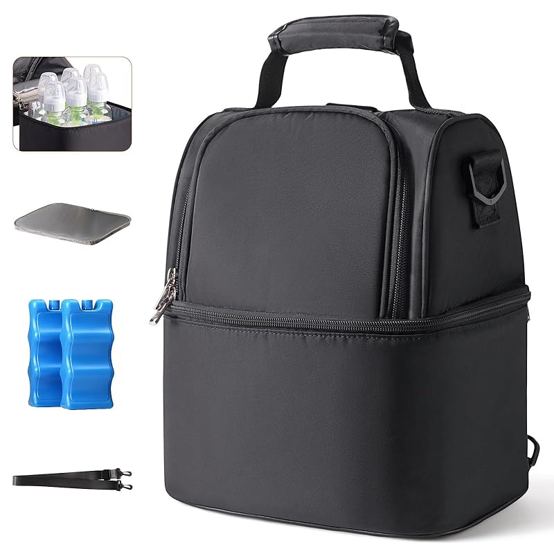 NCVI Breastmilk Cooler Bag with 2 Ice Pack Breast Pump Bag with Cooler Fits 6 Bottles Double Layer Breast Milk Travel Bag Baby Bottle for Travel чёрный 10160₽