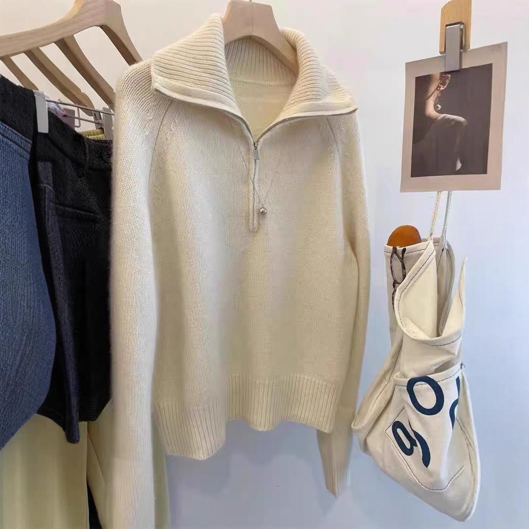 

Роскошный серый кашемировый свитер на молнии до середины - Французский ретро-стиль, утолщенный, большого размера, с ленивым отложным воротником S 45-50kg