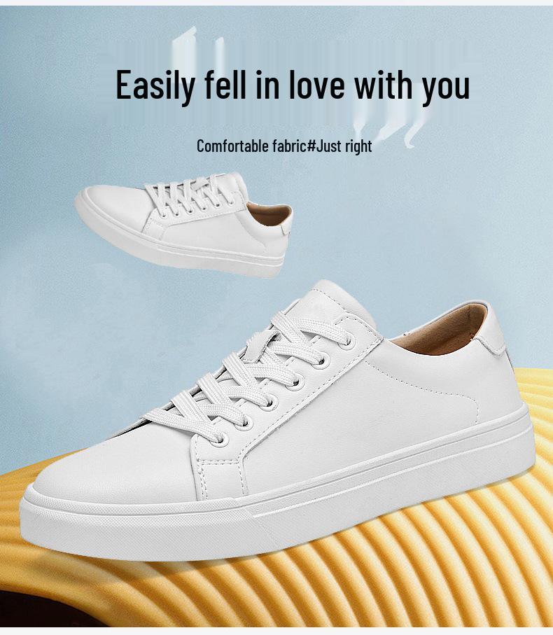 Men's White Low-Top Casual Cowhide Shoes with Thick Sole and Breathable, Versatile Round Toe Design.