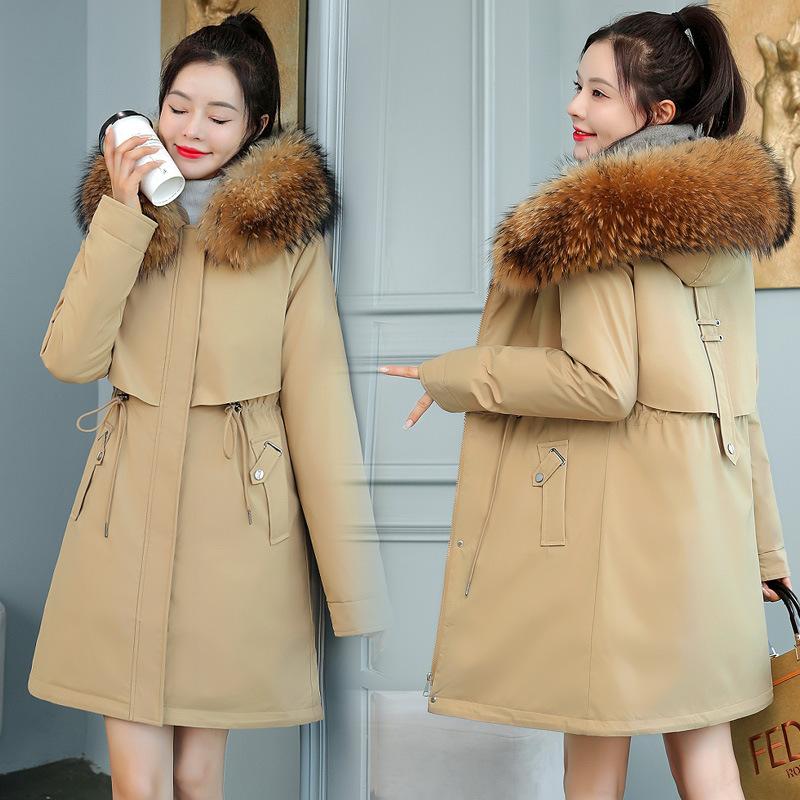 8XL Women Autumn Winter Big Fur Collar Wool Liner Hooded Outwear Jacket Slim Long Coat Casual Parkas Cotton Warm Coats Female