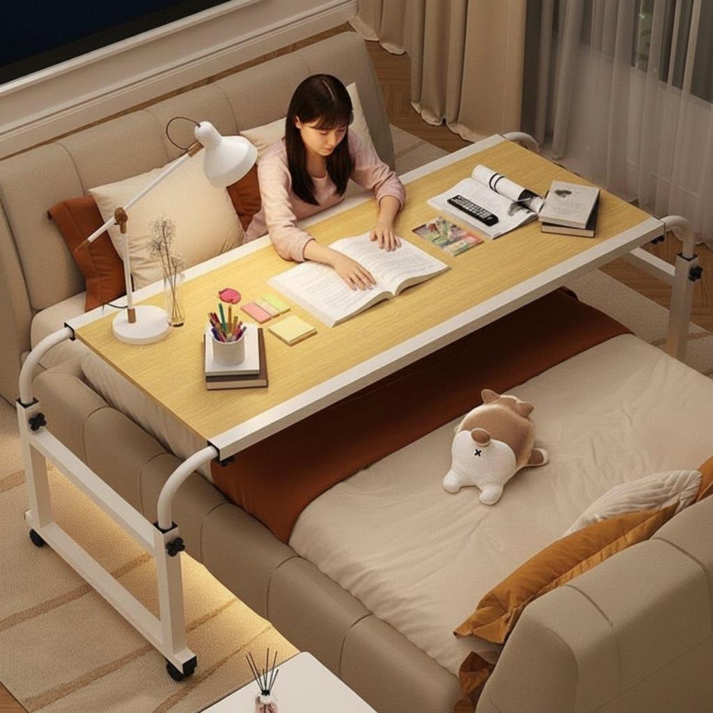 Mobile Bedside Workstation Desk Adjustable Height Overbed Table with Secure
