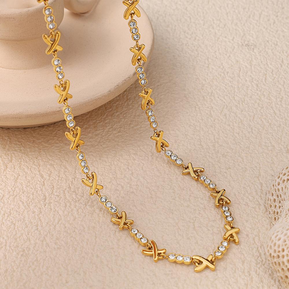 Fashion18K Gold Plated Stainless Steel X Link Cubic Zirconia Jewelry Set Necklace and Bracelet Jewelry