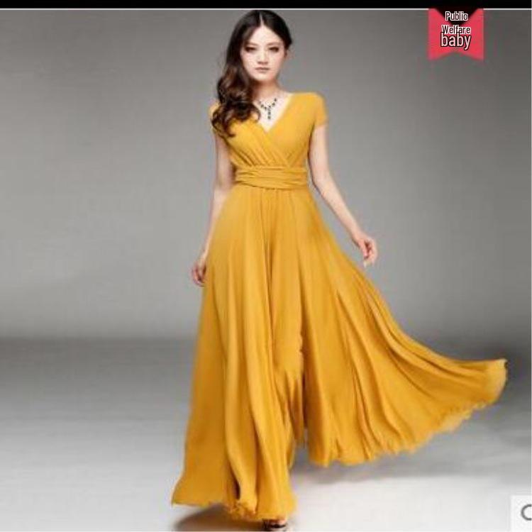 

Богемное вечернее платье из шифона с V-образным вырезом и короткими рукавами, с дизайном, подчеркивающим талию 5XL жёлтый