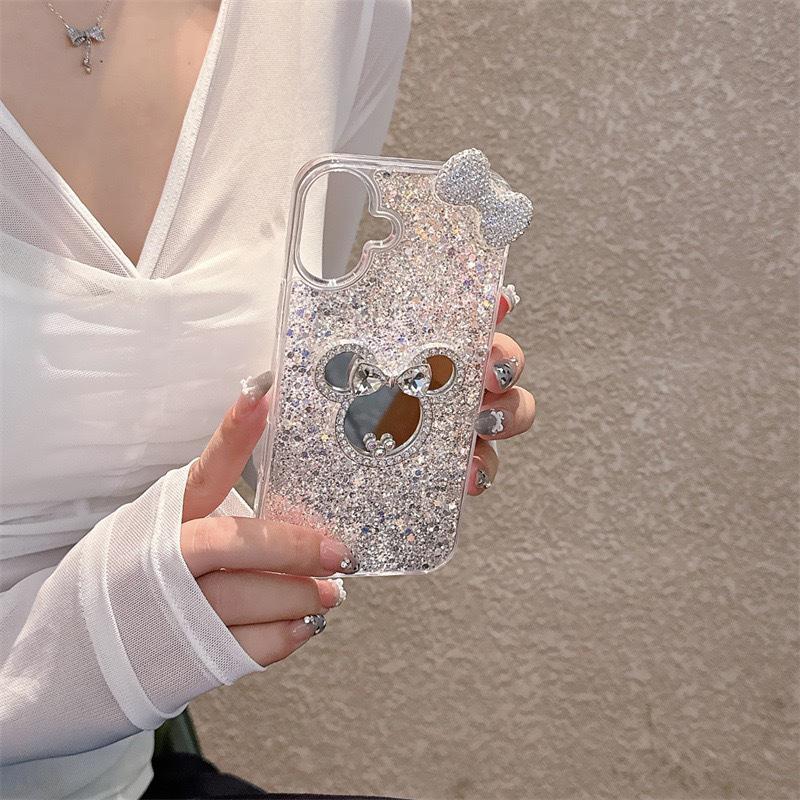 Flash Diamond Mickey Mouse Makeup Mirror 15Promax For Iphone17 Sequins Phone Case 16Pro Bow
