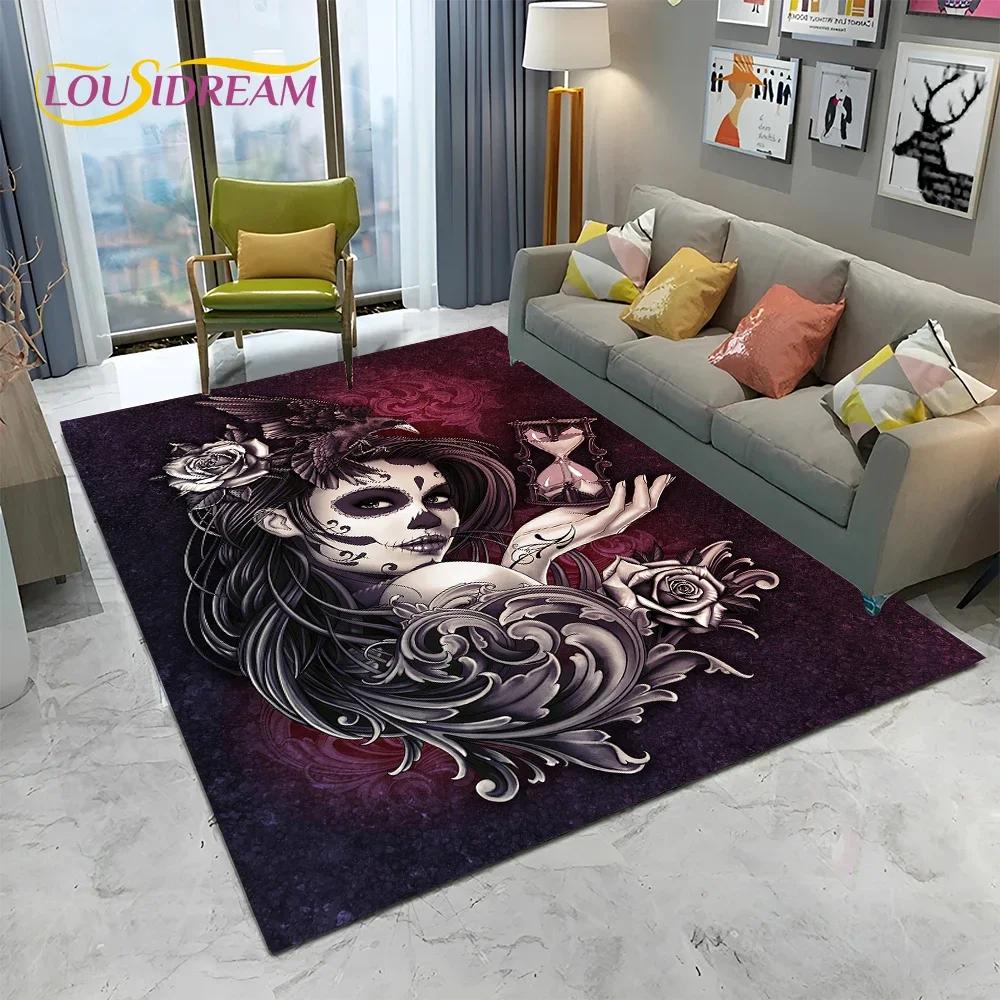 Horror Gothic Female Skull Dead Girl Teppich Teppich für Zuhause Wohnzimmer Schlafzimmer Sofa Fußmatte Dekor, Kinderbereich Teppich rutschfeste Bodenmatte