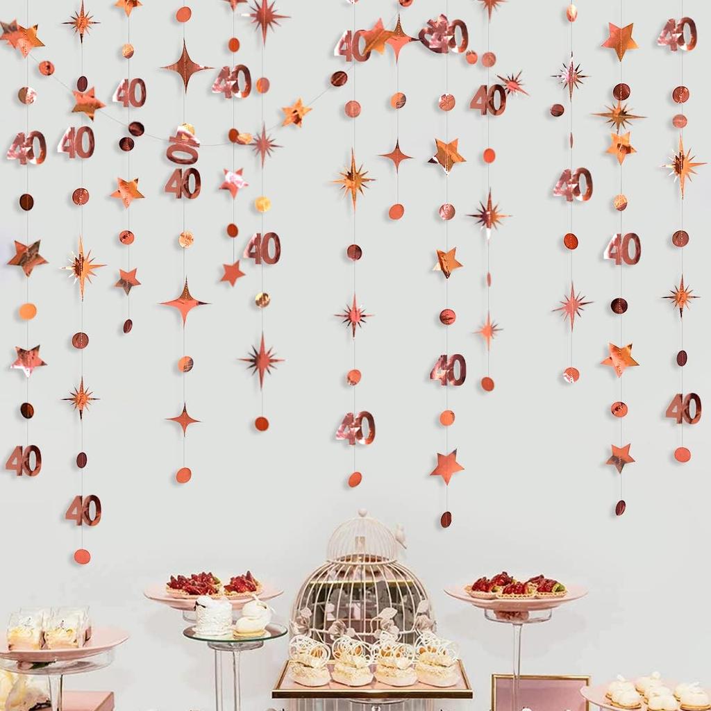 Champagne Gold 40th Birthday Decorations Number 40 Circle Dot Twinkle Star Garland Streamer Banner Backdrop for Women Mens Cheers To 40 Years Old